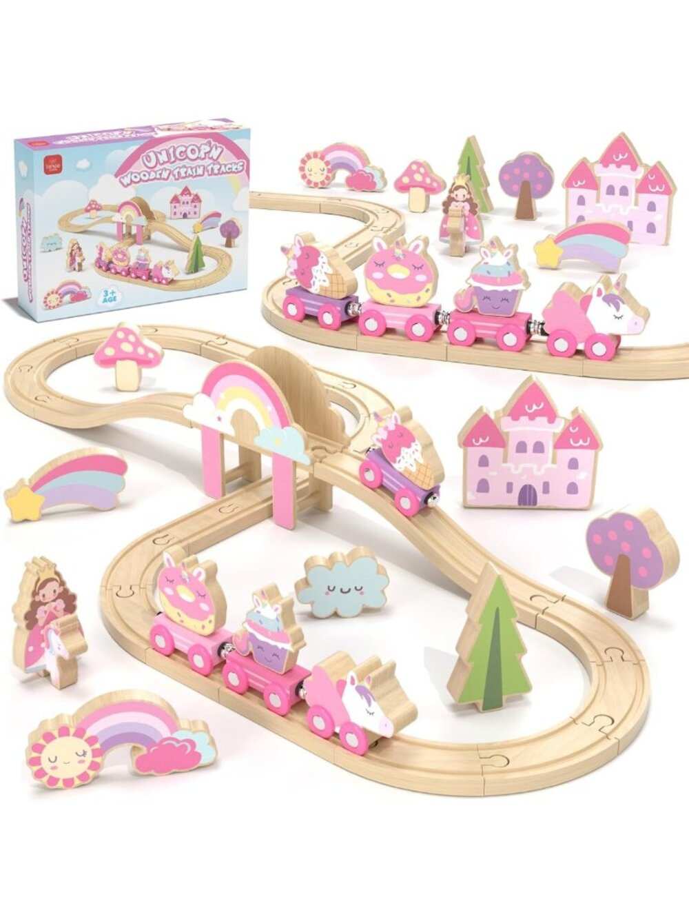 Wooden Unicorn Train Set for Girls - Colorful Castle Playset, Fun Gift Idea